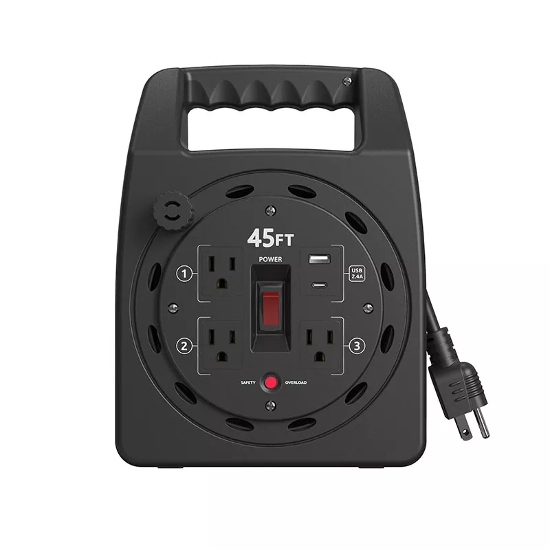 3 розеткалы Usb2.4a пластикалық сым катушкасы, шамадан тыс жүктемеден қорғайтын 45 фут 3 розеткалы Usb2.4a пластикалық сым катушкасы, шамадан тыс жүктемеден қорғайтын 45 фут