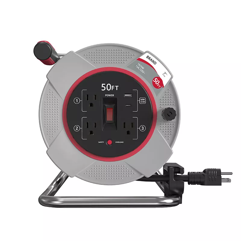 3 розеткалы Usb2.4a пластикалық сым катушкасы, шамадан тыс жүктемеден қорғайтын 50 фут 3 розеткалы Usb2.4a пластикалық сым катушкасы, шамадан тыс жүктемеден қорғайтын 50 фут
